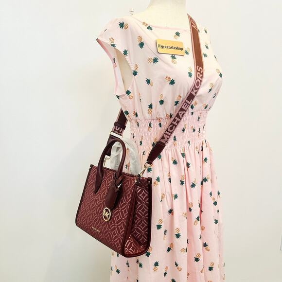 Michael Kors Purse Mirella Small Metallic Logo Jacquard Crossbody Bag Oxblood - Picture 10 of 10